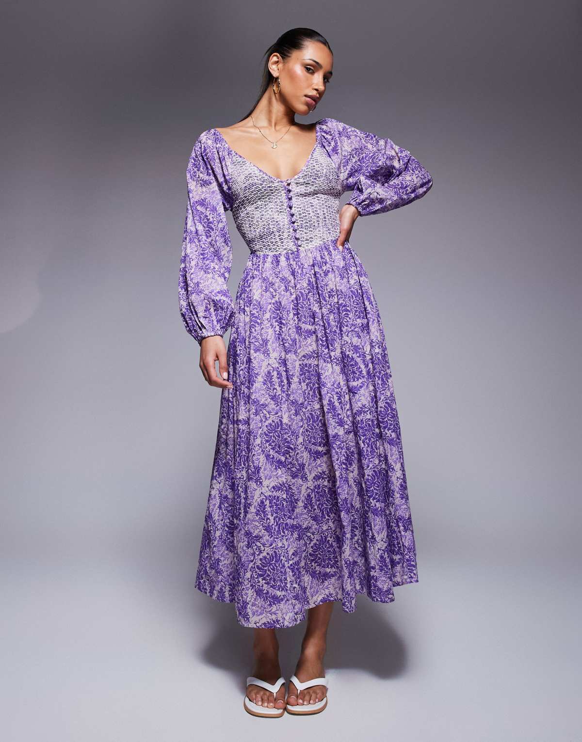 River Island longsleeve V neck printed maxi dress in purple