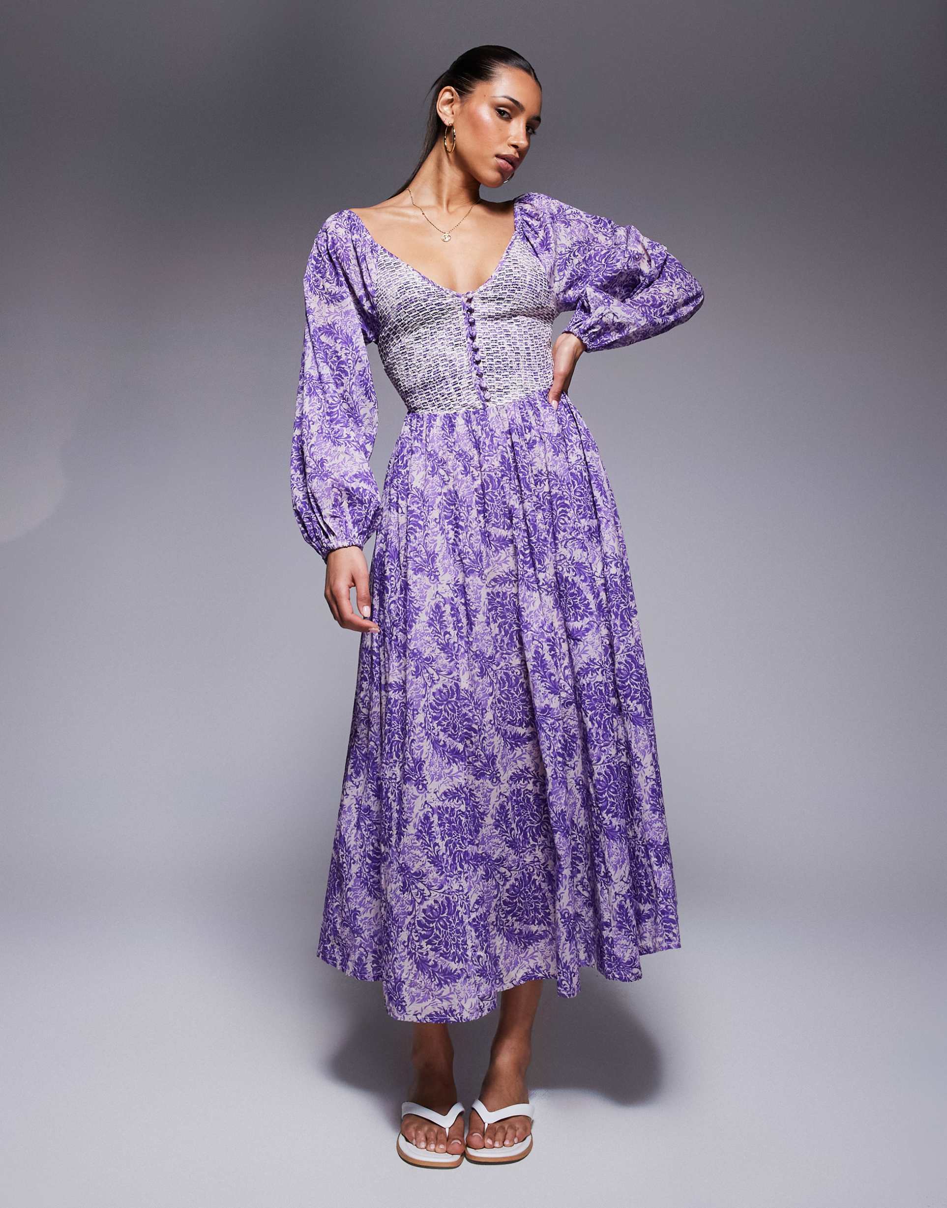river island longsleeve v neck printed maxi dress in purple