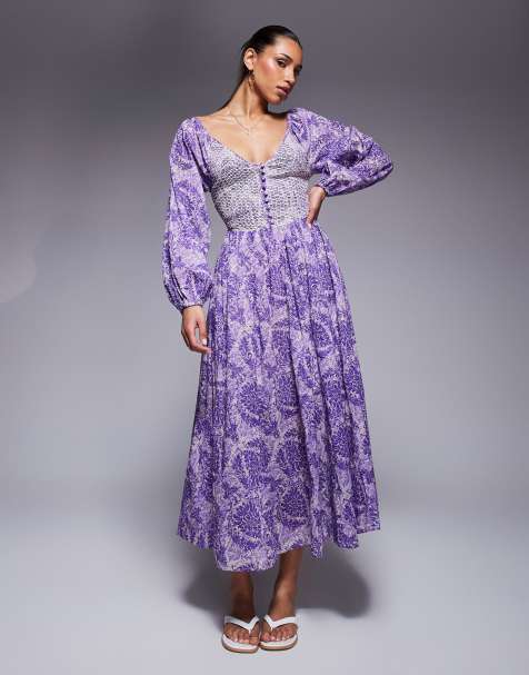 River Island longsleeve V neck printed maxi dress in purple
