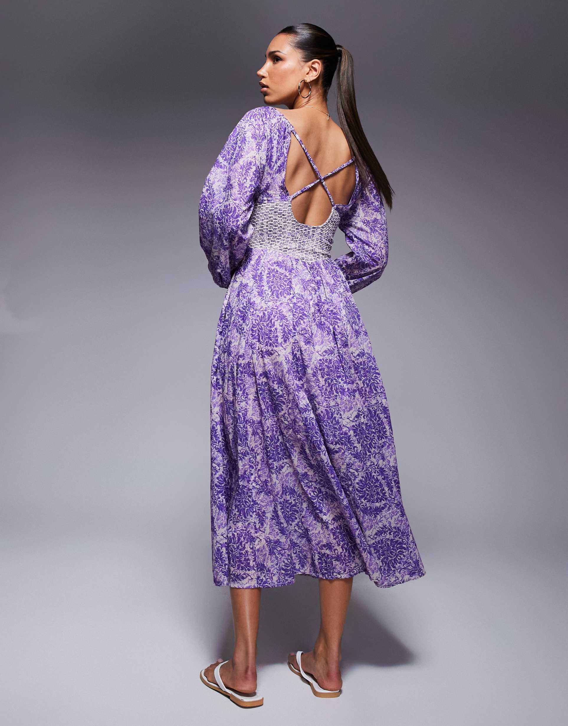river island longsleeve v neck printed maxi dress in purple
