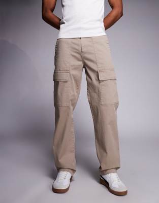 River Island loose fit cargo trousers in stone-Neutral