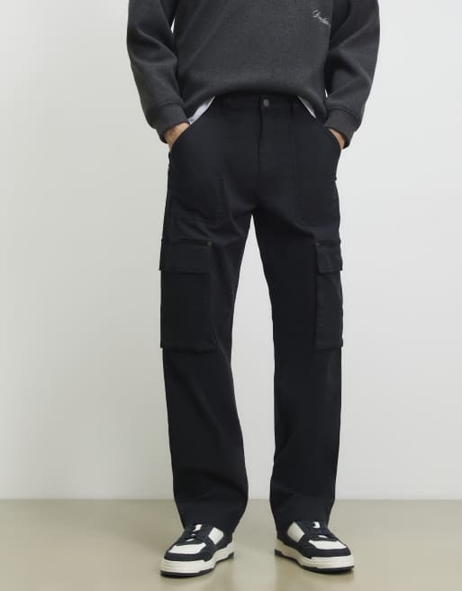 River Island Loose fit cotton cargo trousers in black, 2 of 4