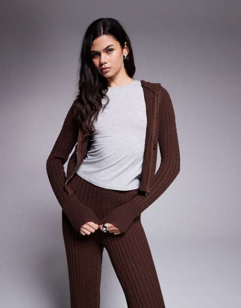 River Island - Loungekleding - Gebreide hoodie met kabels in donkerbruin, deel van co-ord set - view 1