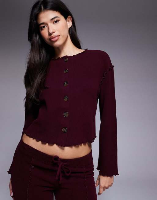 River Island – Loungewear-Set aus Jersey in Burgunderrot mit Knopfleiste, 2 von 4