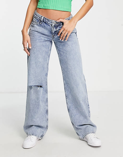 River Island low rise ripped knee dad jeans in light blue
