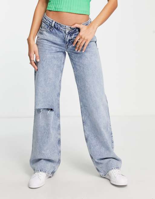 River Island low rise ripped knee dad jeans in light blue | ASOS