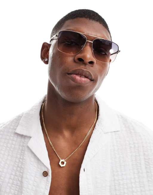 River Island - Lunettes de soleil aviateur avec verres effet dégradé - Doré