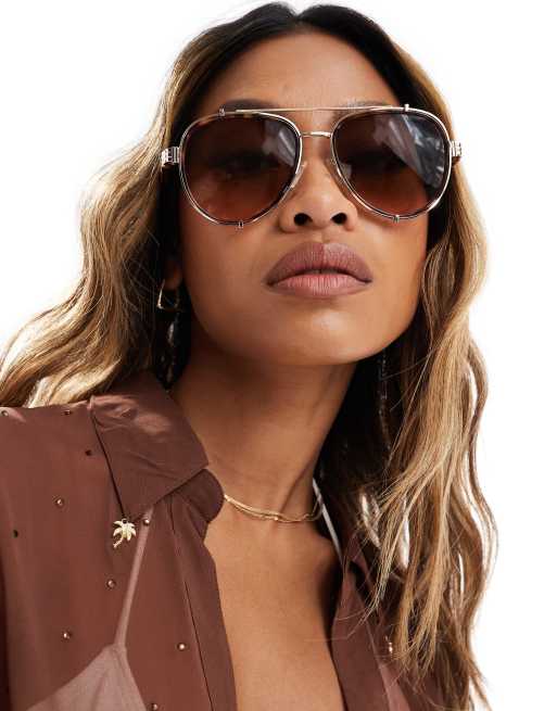 River Island - Lunettes de soleil aviateur en métal - Écaille de tortue, 4 de 4