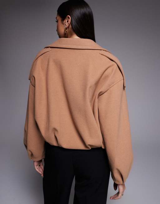 River Island - Lysebrun kort jakke med boblekant i uldlook, 4 af 4