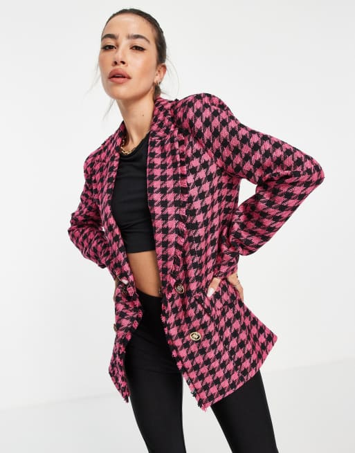 River Island - Lyserød blazer med pepitatern i bouclé
