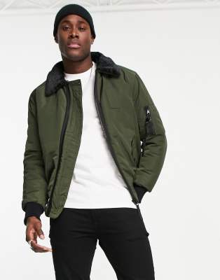 River Island MA1 borg collar bomber jacket in khaki - ASOS Price Checker