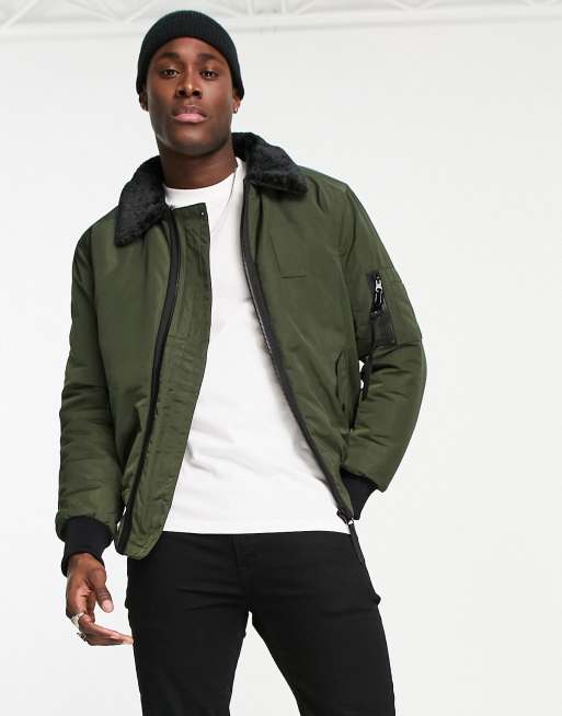 River Island MA1 borg collar bomber jacket in khaki | ASOS