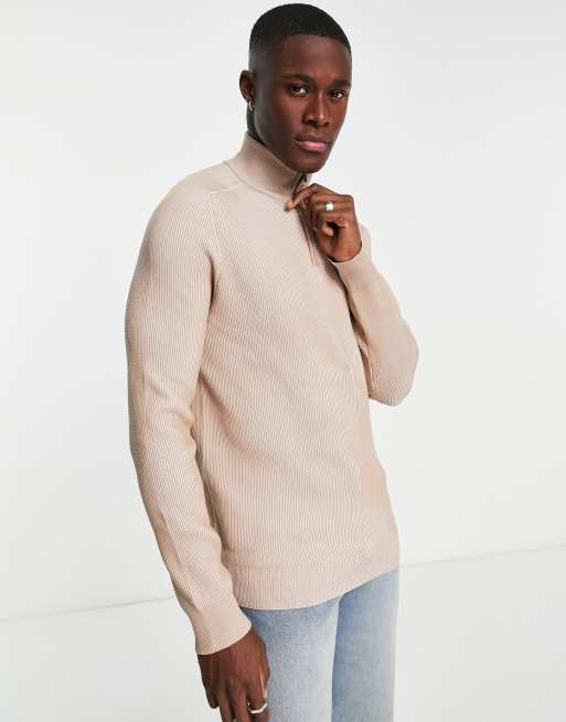 River Island - Maglione color pietra con collo ad imbuto e zip corta