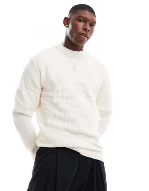 River Island - Maglione girocollo a maniche lunghe lavorato a nido d'ape, color écru 