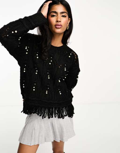River Island - Maglione lavorato a trecce nero decorato