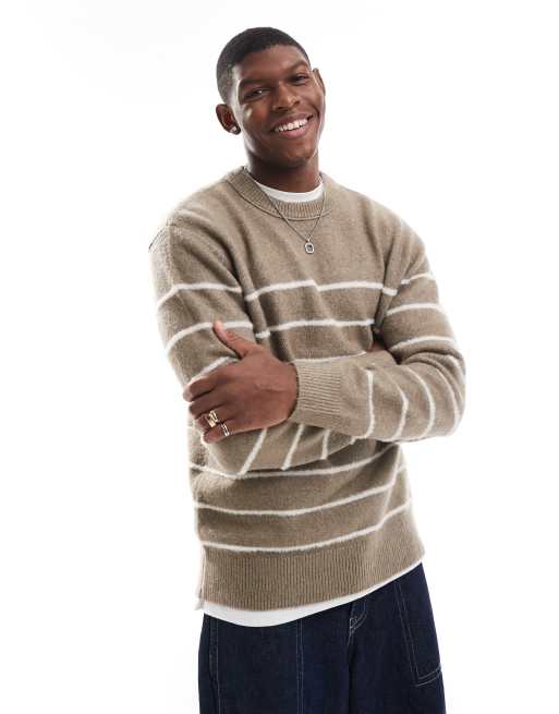 River Island - Maglione lavorato color pietra spazzolato a righe 