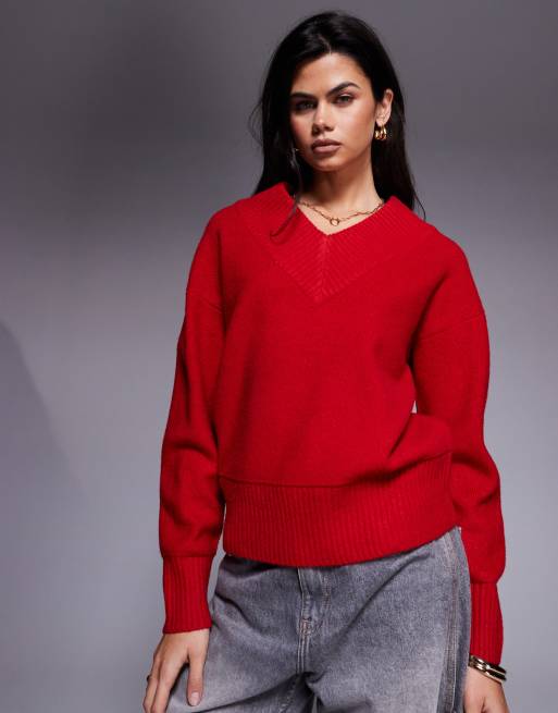 River Island - Maglione lavorato color rosso acceso con scollo a V
