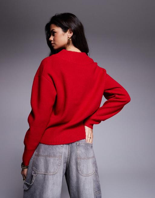 River Island Maglione lavorato color rosso acceso con scollo a V