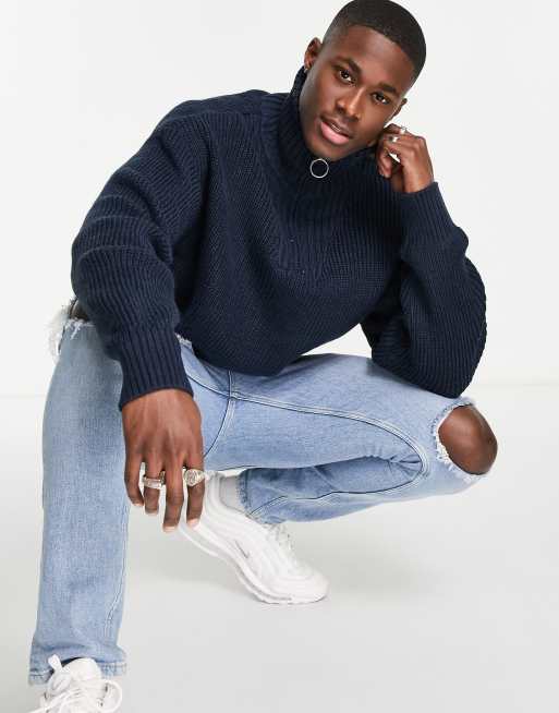 River Island - Maglione lavorato con collo a imbuto blu navy