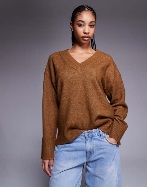 River Island - Maglione marrone con scollo a V - view 1