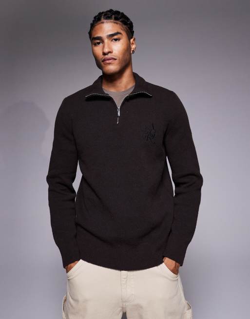 River Island - Maglione marrone scuro bouclé con zip corta