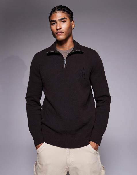 River Island - Maglione marrone scuro testurizzato con zip corta - view 1