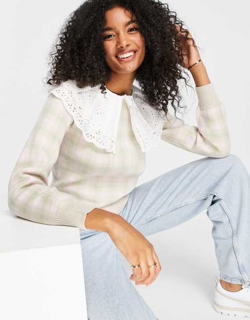 River Island - Maglione rosa a quadri con colletto in pizzo