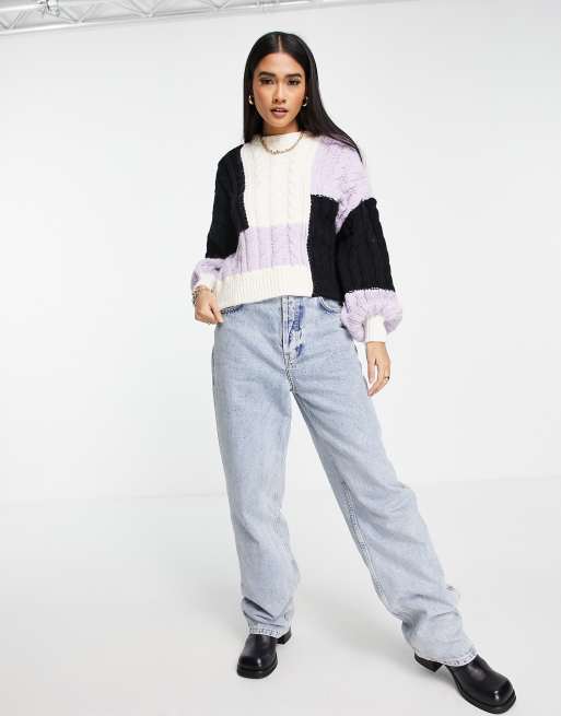 River Island - Maglione viola in maglia a trecce color block, 3 di 4