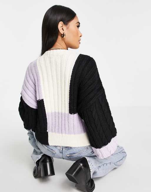 River Island - Maglione viola in maglia a trecce color block, 4 di 4