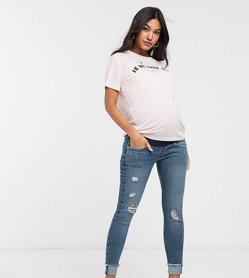 River Island – Mammakläder – Amelie – Mörkblå skinny jeans med band över magen och nötta partier