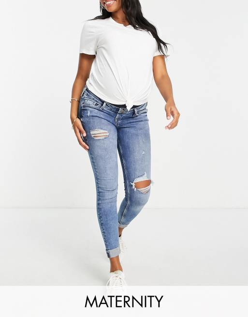 River Island – Mammakläder – Mellanblå skinny jeans med revor