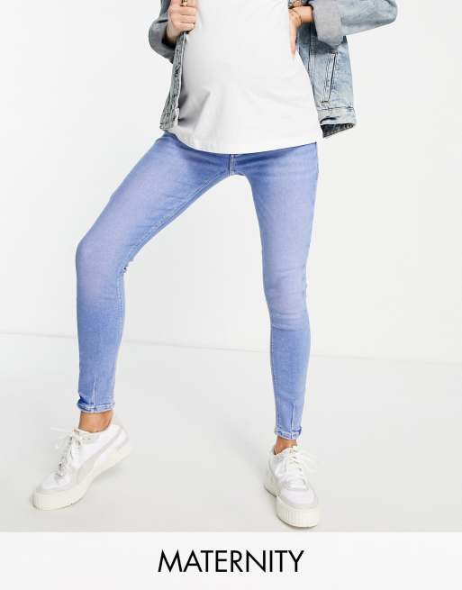 River Island – Mammakläder – Molly – Klarblå skinny jeans med midjeband över magen