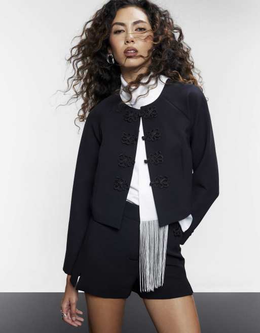 River Island Mandarin trim jacket in black , 2 of 4