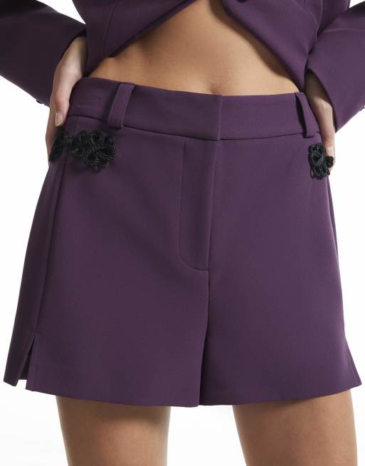 River Island Mandarin trim shorts in purple, 3 of 4