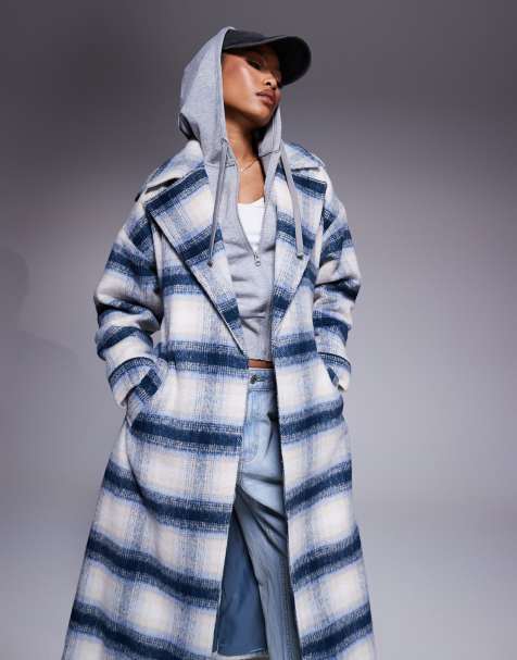 River Island - Manteau ceinturé en aspect laine à carreaux - Bleu - view 1