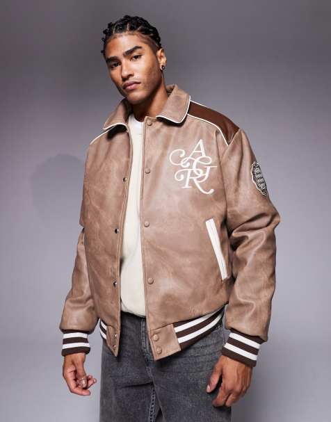 River Island marbled effect faux leather varsity jacket in brown - view 1