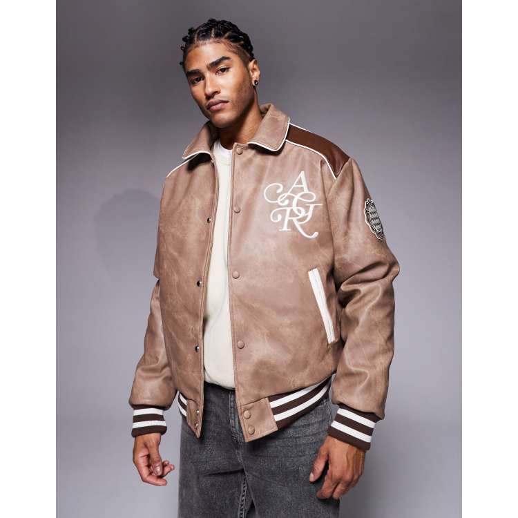 River Island marbled effect faux leather varsity jacket in brown