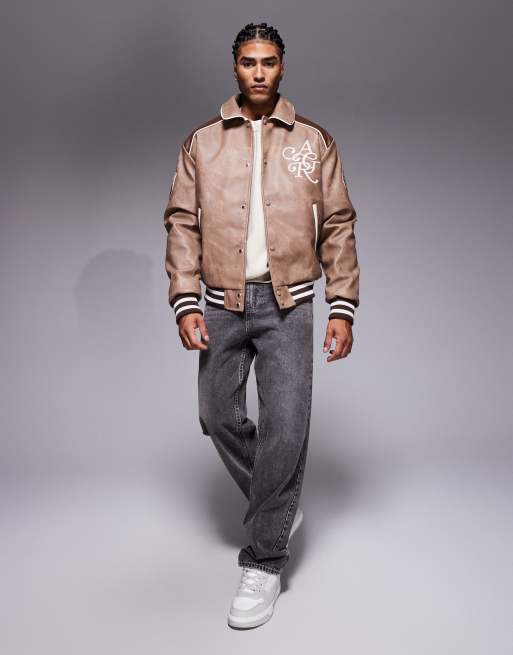 River Island marbled effect faux leather varsity jacket in brown