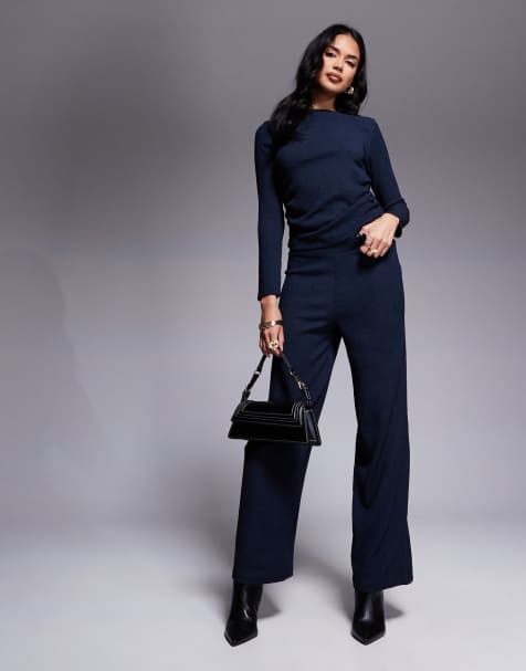 River Island – Marinblå, texturerade byxor med vida ben och ledig passform - view 1