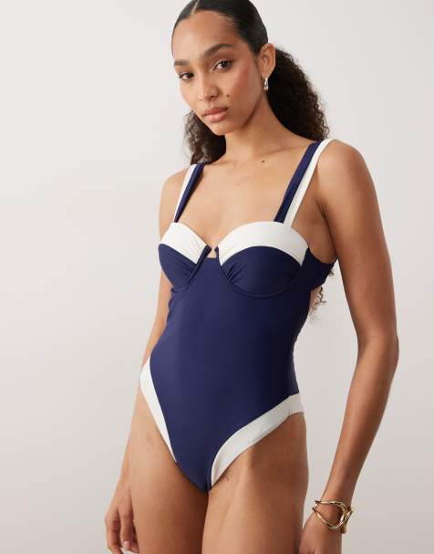 River Island - Marineblå formgivende badedragt med kontrastdetaljer - view 1