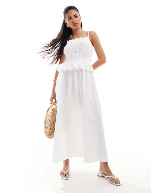 River Island – Marszczona biała sukienka midi