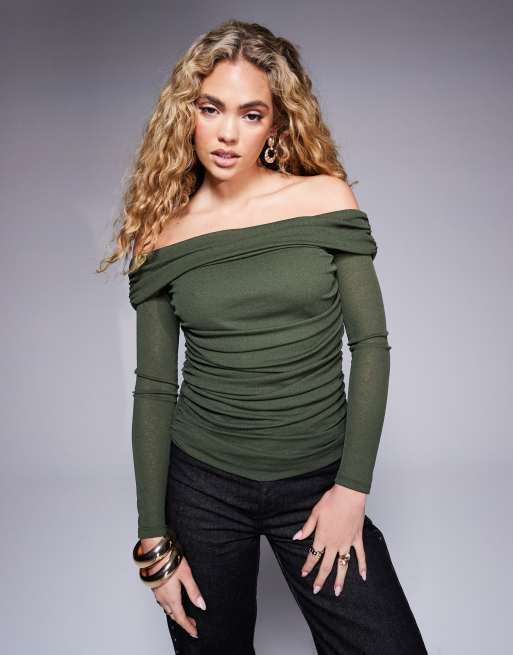 River Island – Marszczony top z dekoltem bardot w kolorze khaki , 4 z 4