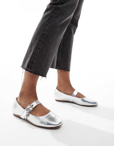 River Island mary jane ballet flats in silver - view 1