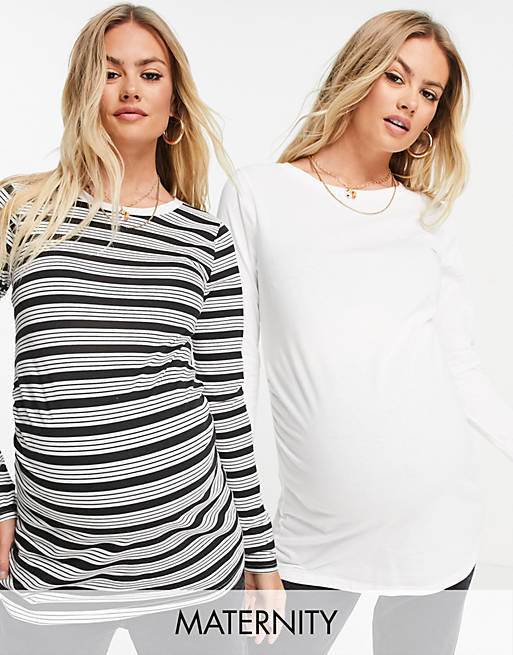 River Island Maternity 2 pack long sleeved t-shirts in stripe and white