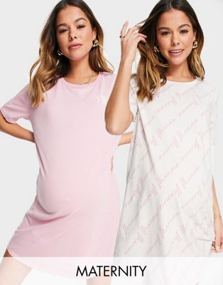 River Island Maternity 2 pack t-shirt night dresses in pink & cream