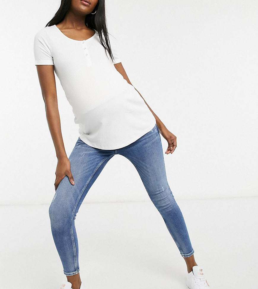 River Island Maternity – Amelie – Mellanblå skinny jeans med slitning och stöd över magen