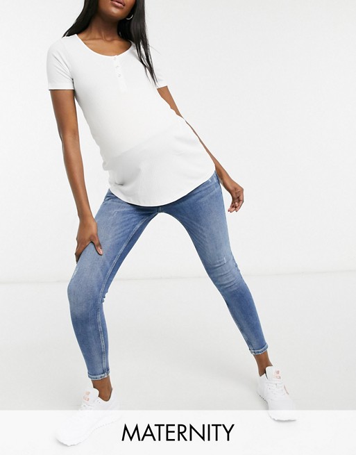 River Island Maternity Amelie overbump distressed skinny jeans in mid blue