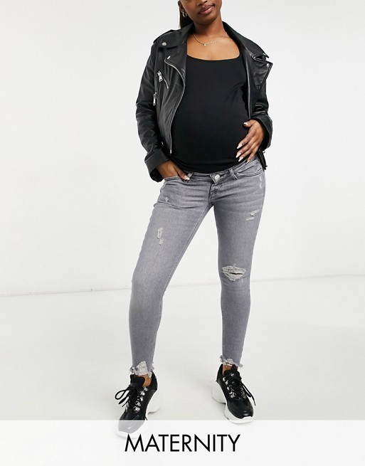 River Island Maternity Amelie overbump ripped raw hem skinny jeans in grey
