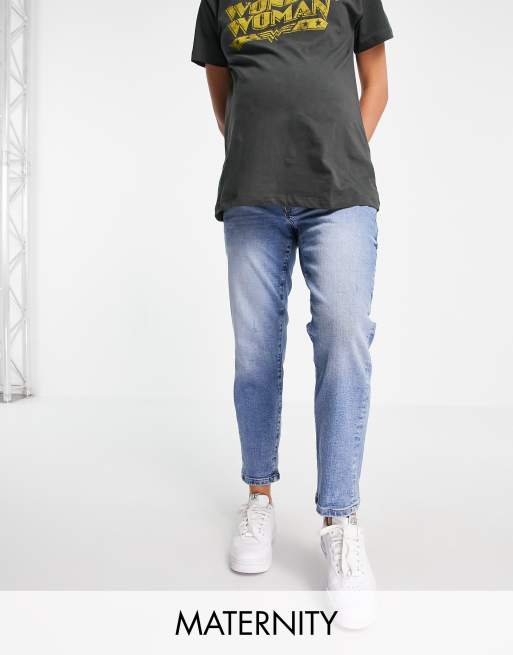 River Island Maternity Blair overbump straight cut jeans in blue ASOS