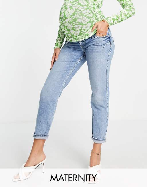 River Island Maternity comfort stretch overbump mom jeans in mid blue